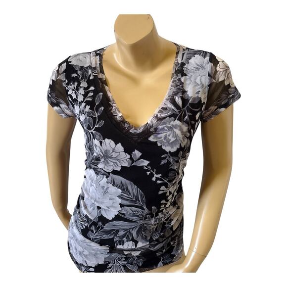 INC Womens Size Medium Short Sleeve V Neck Ruched Knit Floral Print Shirt Top - Picture 5 of 8